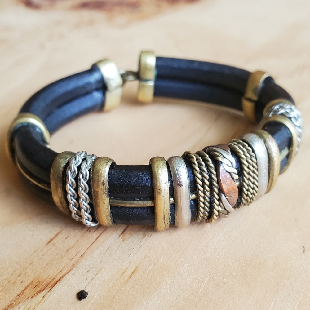 Leather Bracelet with Brass, Stainless & Copper Accents